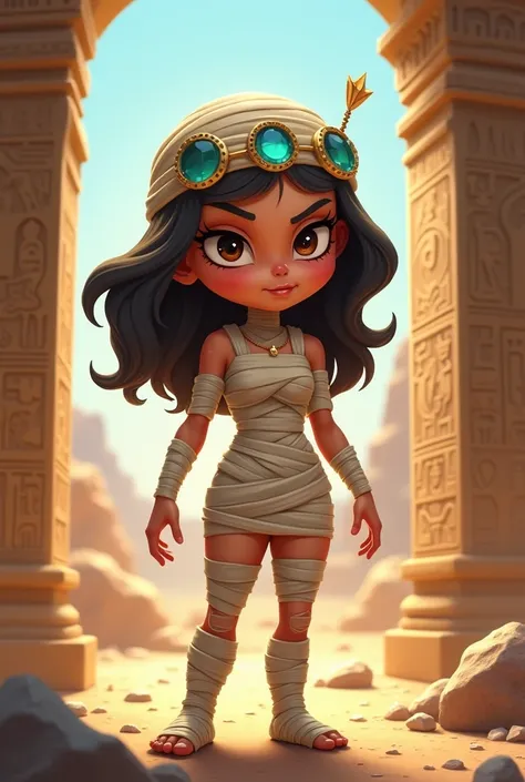 a woman cartoon character, in mummy clothes, with crooked eyes and