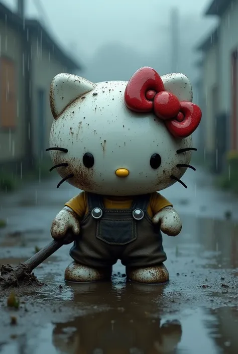 HELLOKITTY working in the rain，Covered in mud, very sad，