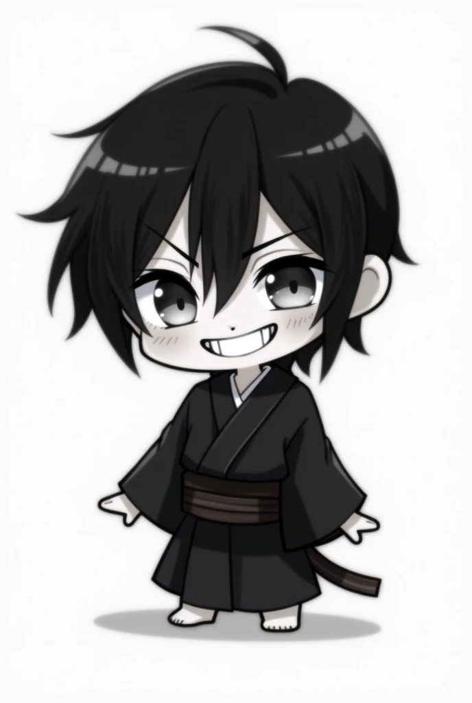 Cutie Sticker Chibi boy black and white hair smile with sharp teeth , slightly dark skin black kimono short straight hair 