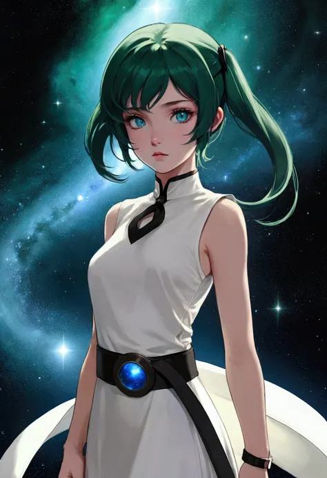  A girl,blue eyes,Innocence, Dark green hair, Double tail, White Dress, Black belt,weak,Official Art, Matte tinting, 1970s, psychic, nebula,(Stars), Meteor Showers,((Inspired by: imeon Solomon)),(masterpiece),(best quality:1.1),