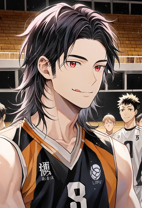 haikyuu style boy smiling,with white layered hair (hair down to the nape of the neck and longer sideburns with pink streaks)red ...