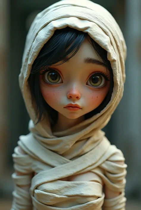 a female cartoon character with hidden hair, in mummy clothes, with crooked eyes that is realistic
