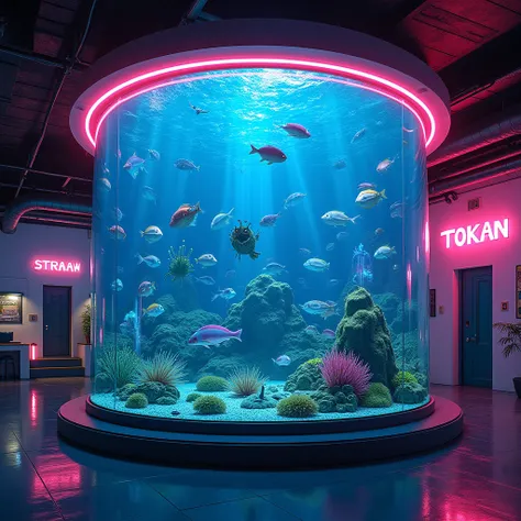 In a room there is a large cyberpunk aquarium, with neon lights and it says TOKAAN on the wall