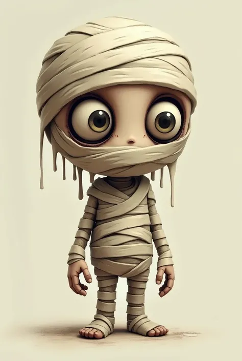 a cartoon character with hidden hair, in mummy clothes, with crooked eyes that is realistic
