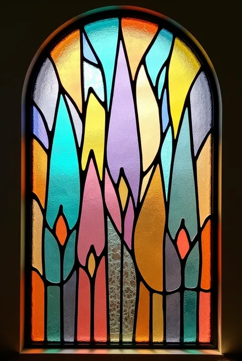 Easy to make stained glass window with 40 short, irregular, pointed pieces with a discreetly hidden letter G in the design, with turquoise colors, violet,rosa, yellow, orange and brown 