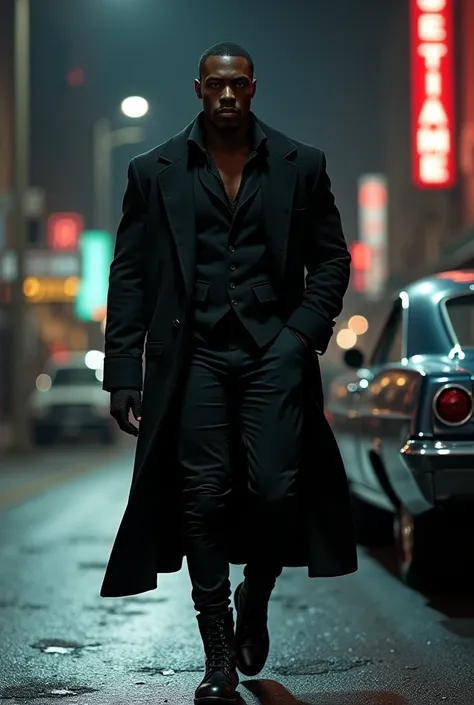 Hiper focus, wesley snipes como Blade (marvel) walking down a dark street at night, black man wearing a black overcoat, an impala in the background, black vest, black pants, black combat boots, short black hair, ultra realisitic, Reality, hiperReality 