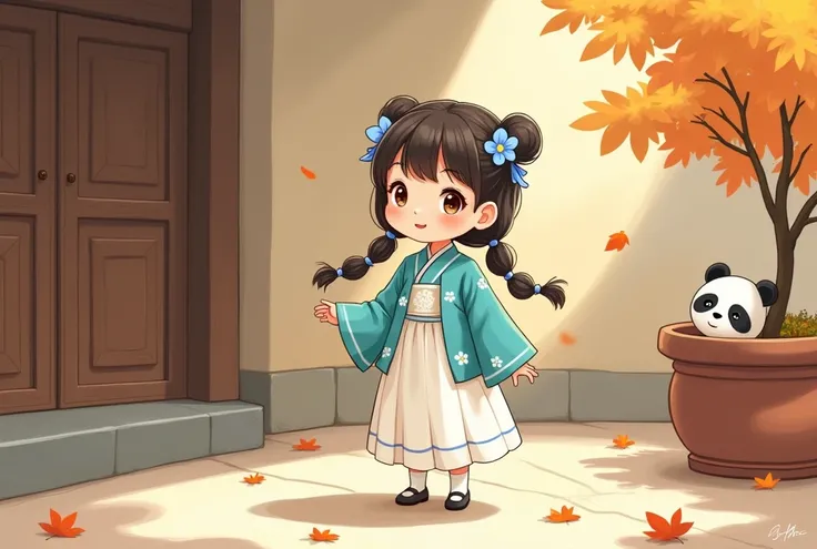 A charming young girl in traditional East Asian attire,cute、Soft cartoon illustration style，featuring a turquoise jacket with floral patterns and a flowing white skirt. She has two playful braids adorned with delicate blue flowers. The scene is set in a se...