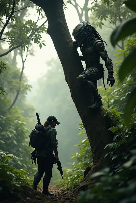 Predator movie character crouched on top of a tree with a soldier on his back below looking for him