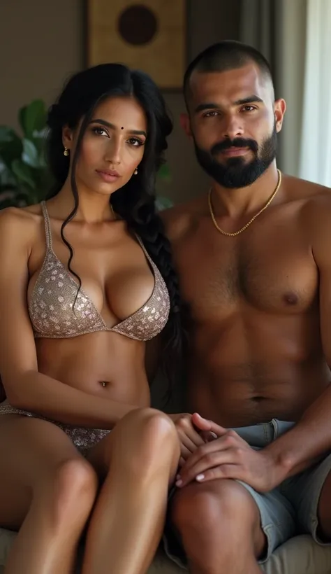 Newly wed indian couple, hot curvy south indian milf with single plaited hairstyle, big breast, big hip, big ass, thick thighs, woman wearing bikini, cleavage, indian couple, very short indian brown man with buzz cut, very big muscular body and beard, man ...