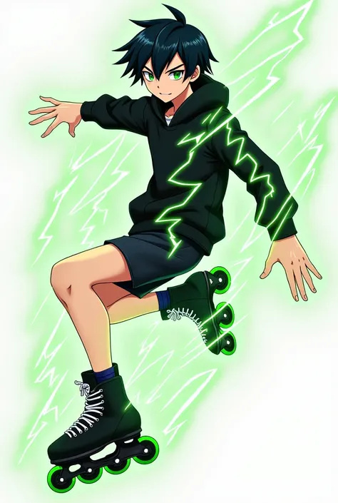 Could you please create an Anime Character. A male character with black hair reaching his ears, bright green eyes, wearing a black hoodie with green lightning around the waist, black shorts, and a silver ring with a subtle lightning pattern. He has a green...