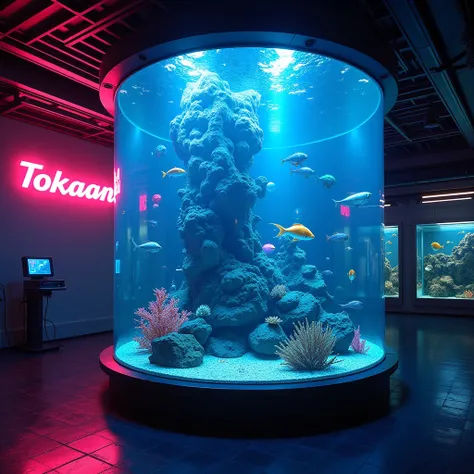 In a room there is a large cyberpunk aquarium, with neon lights and it says TOKAAN on the wall