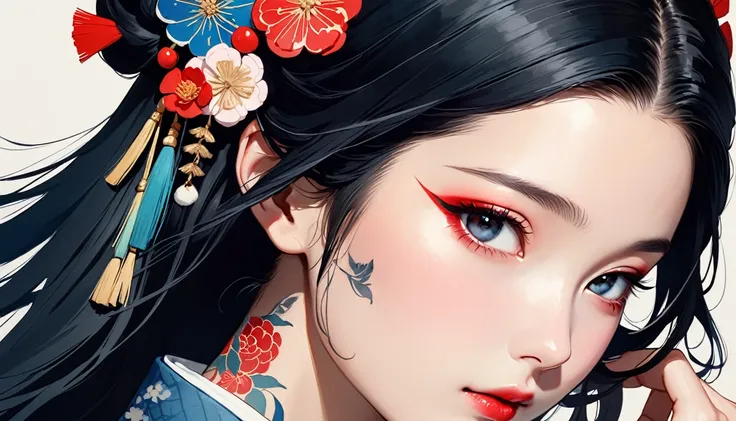 (((Ink Painting))), Fashion portrait color photos, (((1 girl))), (((Tattoo on face))), (((Gorgeous hair accessories))), Japanese style headphones, face close-up, Japanese beautiful girl, Black Hair, Delicate and precise, Modern ukiyo-e style,Japan, Japanes...