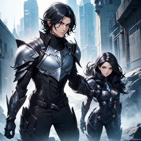 Make a man with short wavy black hair. He should have light black armor with silver details.. He should look like the character Viego from League of Legends. he should be in a futuristic setting