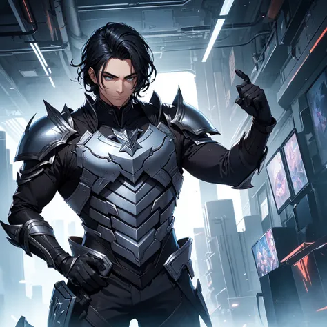 Make a man with short wavy black hair. He should have light black armor with silver details.. He should look like the character Viego from League of Legends. he should be in a futuristic setting