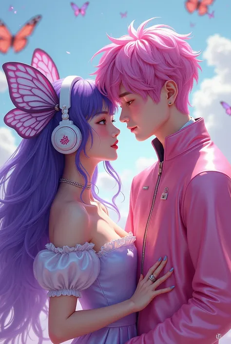 Korean purple hair butterfly woman with headphone and shiny pink outfit and pink hair white man friends realistic clip cover friendship 