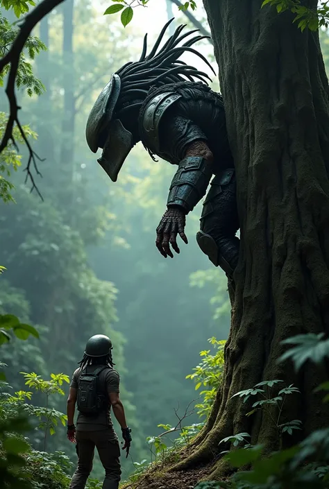 Predator movie character crouched on top of a tall tree with a soldier on his back below looking for him