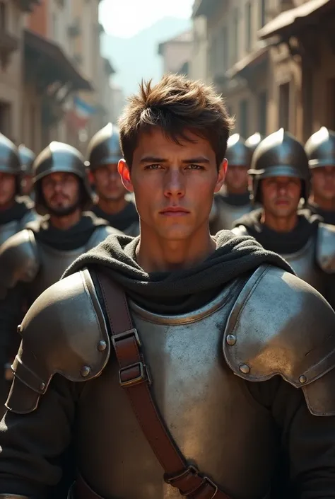 Short Italian soldiers, 27 years old, short brown hair, gray eyes, wearing sturdy medieval armor, behind him is a blacksmith shop