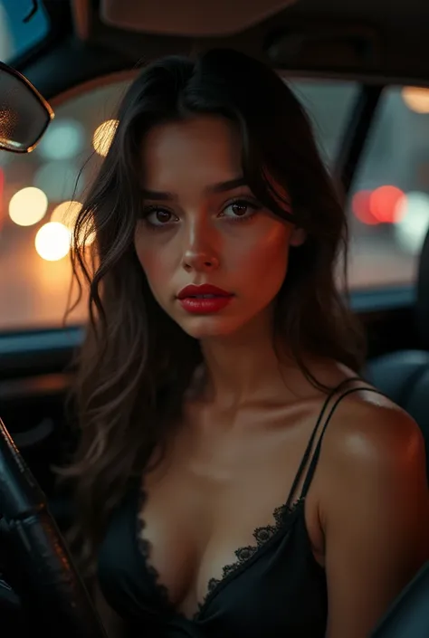 Cute eighteen year old, front seat of car, short dress, low cut dress, brunette, red lips, young, intense stare, eye contact, nighttime, street lights, 