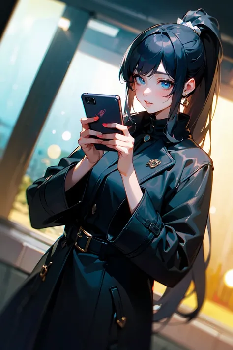 (masterpiece, best quality:1.3), highly detailed, (dutch angle), 1girl, black hair, high ponytail, long hair, (bangs), (deep ocean eyes), smiley, pretty lipsticks, (holding smartphone:1.2), looking at the phone, black leather long coat, late night street b...