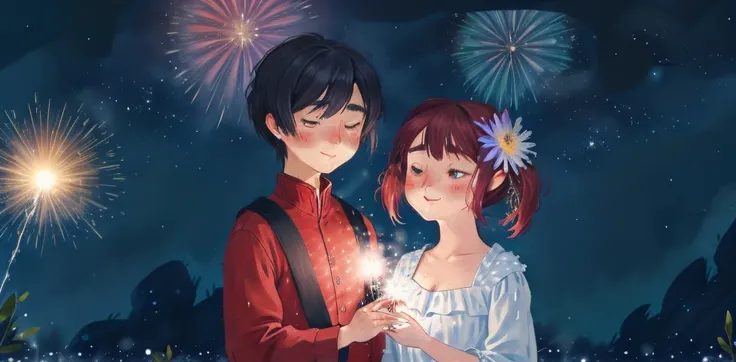 midnight,  、a single firework、darkness、a world just for the two of us、there are only two of them、the fireworks bloom from the ce...