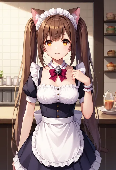 Chocola 1 girl with long brown hair, amber eyes, long hair, pigtails smile, silver bell on neck, maid uniform, cafe on background , cat ears, cat tail