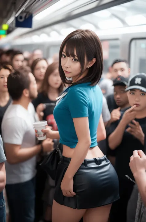 (Crazy behavior:1.8) Japanese women, Huge Ass:1.5, Extra large ass,(White short sleeve shirt,Dark blue ribbon,Pleated short skirt, Dark brown shoulder-length hair,bangs,ear:1.2),Grab your ass, in the train, Grab me by the buttocks, 彼女の周りの複数の男性が彼女のGrab your...