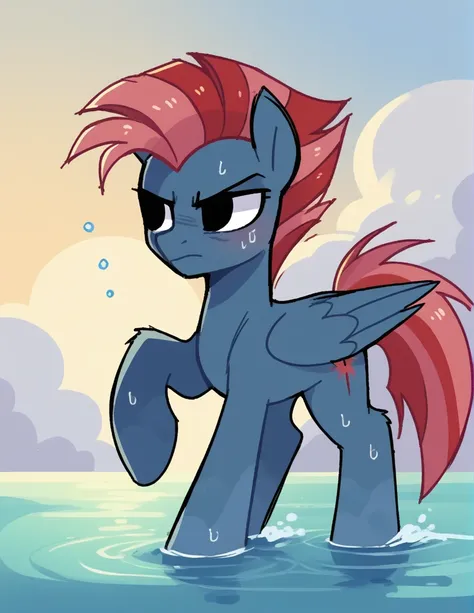 zPDXL, score_9, score_8_up, score_7_up, source_anime, BREAK
sketch, flat color, 1girl, solo, black eyes, male pegasus pony with grayish fur, mane and tail being dark blue with streaks of water blue and white, a cutiemarck of a cloud with rays and water dro...