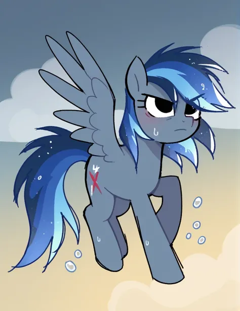 zPDXL, score_9, score_8_up, score_7_up, source_anime, BREAK
sketch, flat color, 1girl, solo, black eyes, male pegasus pony with grayish fur, mane and tail being dark blue with streaks of water blue and white, a cutiemarck of a cloud with rays and water dro...