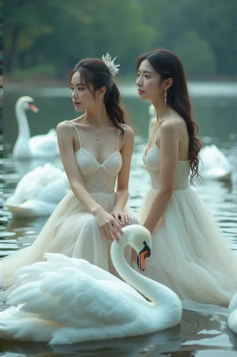 Im taking photos for a new concept album. Creating a girl group concept photo, the girls pose with beautiful white swans