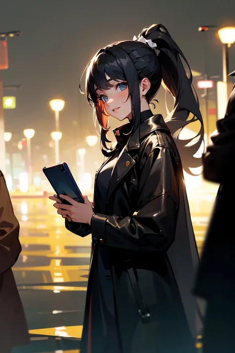 (masterpiece, best quality:1.3), highly detailed, (wide shot), 1girl, black hair, high ponytail, long hair, (bangs), (deep ocean eyes), (smiley), pretty lipsticks, (holding smartphone:1.2), looking at the phone, black leather long coat, late night street b...