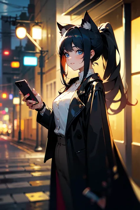 (masterpiece, best quality:1.3), highly detailed, (wide shot), 1girl, black hair, high ponytail, long hair, (bangs), (deep ocean eyes), (smiley), pretty lipsticks, holding smartphone, looking at the phone, black leather long coat, white shirt, cat ears, la...