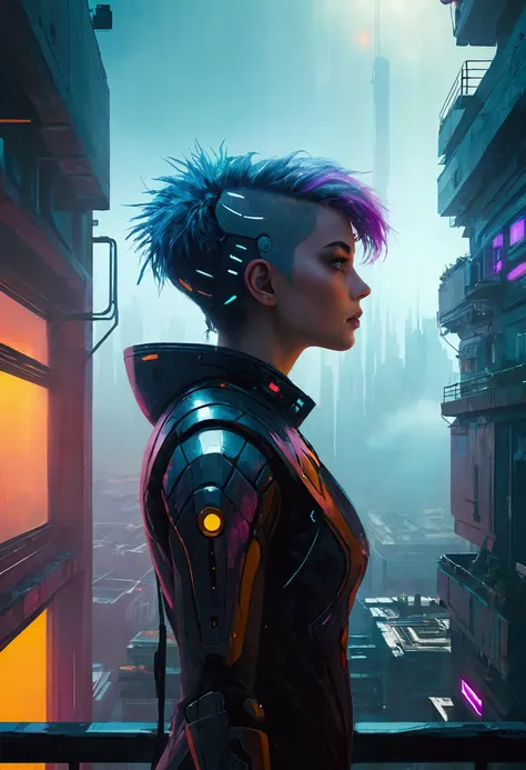 abstract colours, texture, Film Grain, Skin pores:0.1 beautiful dramatic portrait，Depicts a beautiful sci-fi artist standing on a balcony，Overlooking the futurism (Solar Punk)1.2 cities, Foggy morning, Movie film still frame, Blade Runner 2049, Punk Hairst...