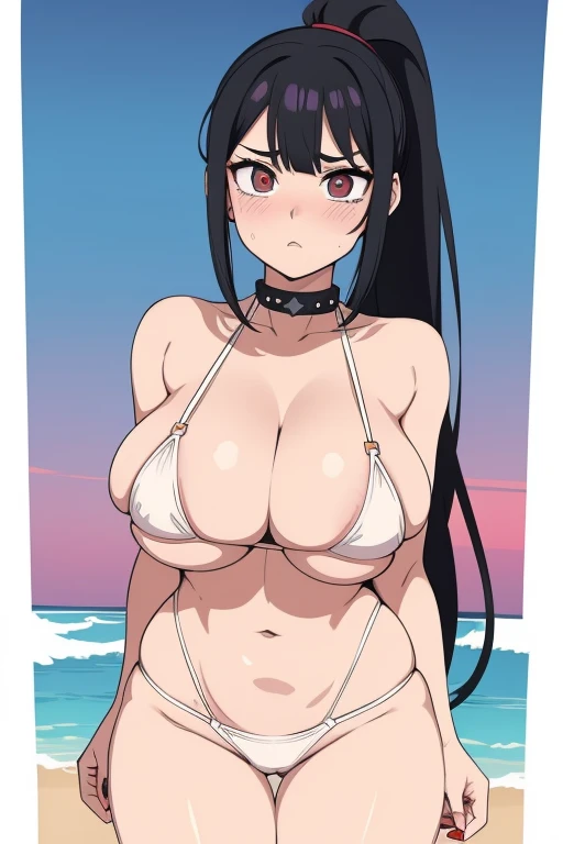 20 year old woman, busty, bubble butt, hourglass figure, skinny, blushing, panicked expression, horny, seductive, black hair, long hair, bangs, ponytail hair, wearing wearing white bikini, chocker, tight fitting clothing, cleavage, middrift, anime, beach a...