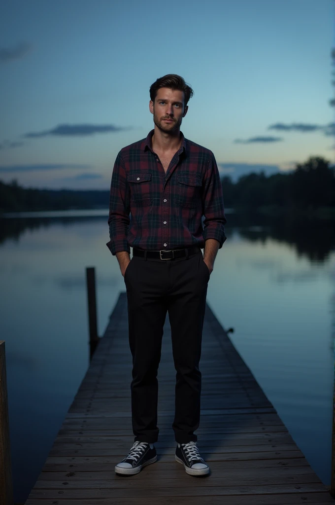 Sent by you:
A white man, at 33 years old, model type, with short dark hair, with blue eyes, wearing a plaid shirt buttoned up, black pants with belt,  tennis,  on top of a wooden pier on a lake in Alentejo at nightfall