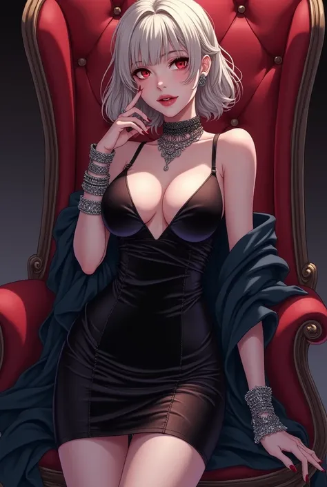 Create anime style image of a very beautiful woman, pale with dark blonde hair, styled: Glam Goth.
Clothing: Dramatic, fitted dresses with asymmetrical cuts, made of luxurious materials such as velvet, silk, or leather. She could wear heavy necklaces and b...