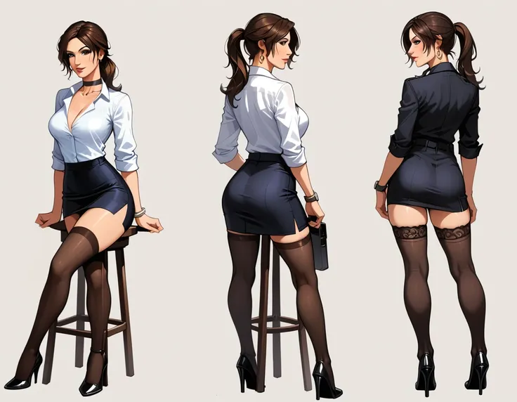 score_9, score_8_up, score_7_up, score_6_up, sketch_sheet, solo, BREAK 1girl, (Lara Croft, brown hair, ponytail:1.3), dominant gorgeous girl, same character, BREAK perfect lips, tall, choker, (Sexy Office Lady), short black skirt, thigh slit, white shirt, ...