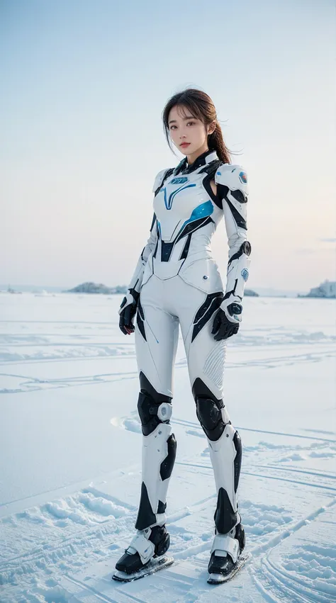 1 girl, Lovely, Ice and Snow World, alone, skinny, wind, Mecha suit, whole body, pretty face, Decorated with intricate patterns and delicate lines, Mecha suit,