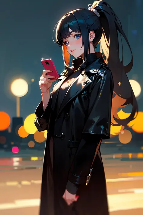 (masterpiece, best quality:1.3), highly detailed, (wide shot), 1girl, black hair, high ponytail, long hair, (bangs), (deep ocean eyes), (smiley), pretty lipsticks, (holding smartphone:1.2), looking at the phone, black leather long coat, late night street b...