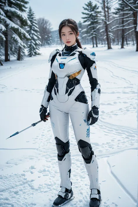 1 girl, lovely, ice and snow world, alone, skinny, wind, mecha suit, whole body, pretty face, decorated with intricate patterns ...