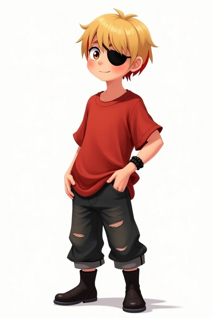 a fair-skinned boy, slightly light brown eyes, straight blonde hair with a red streak in the bangs, he wears an eye patch over his left eye. He is wearing a large red shirt and black jeans with small rips on the knee., and he&#39;s also wearing black boots...