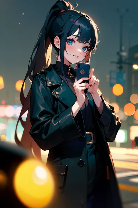 (masterpiece, best quality:1.3), highly detailed, (taichi-e), 1girl, black hair, high ponytail, long hair, (bangs), (deep ocean eyes), (smiley), pretty lipsticks, (holding smartphone:1.2), looking at the phone, black leather long coat, late night street ba...