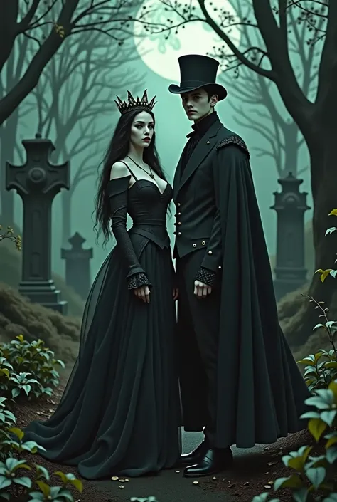 an abandoned cemetery in the woods at night, in the center a sensual queen with white skin, long black hair and green eyes wearing a long medieval dress with black frames , with a crown on his head. Beside him a tall man with white skin, Youngh, wearing a ...