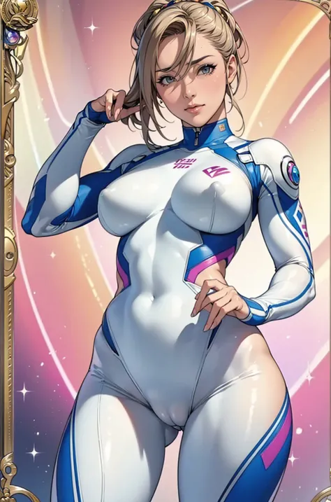 (masterpiece:1.2, Highest quality),(Very detailed),8K,wallpaper,1 female,Mature Woman,48 years old,Sentai heroine colorful, Muscular,((White metallic squadron suit)),(((betterhand))),(The background is aurora rainbow),Random hairstyle,Random pose,(((Beauti...