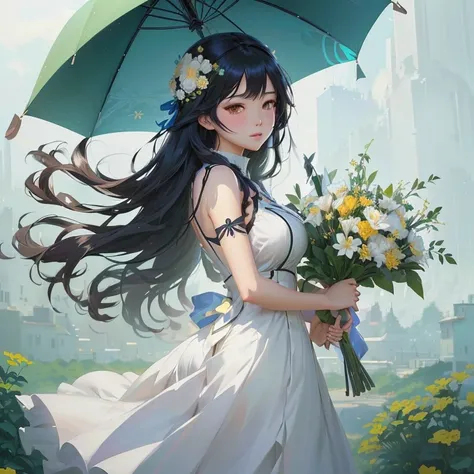 anime girl with long black hair holding a bouquet of flowers, guweiz, guweiz on pixiv artstation, hestia, anime moe artstyle, guweiz on artstation pixiv, artwork in the style of guweiz, anime visual of a cute girl, beautiful maiden, smooth anime cg art, ma...