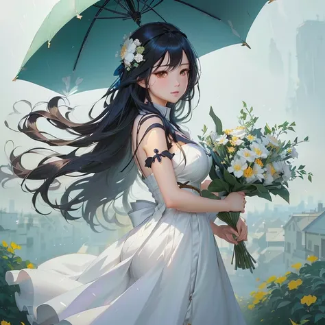 anime girl with long black hair holding a bouquet of flowers, guweiz, guweiz on pixiv artstation, hestia, anime moe artstyle, guweiz on artstation pixiv, artwork in the style of guweiz, anime visual of a cute girl, beautiful maiden, smooth anime cg art, ma...