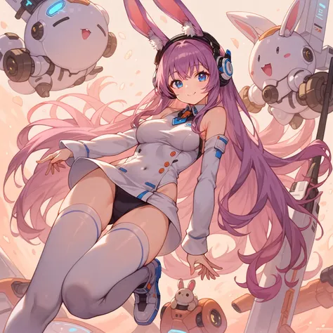 score_9_up, score_9, score_8_up, score_7_up, source_anime,masterpiece, best quality, high resolution, extremely detailed CG, absurdres, highres, 1girl solo, a mecha bunny girl jump on top of a futuristic circular device in universe, long hair, thighhighs, ...