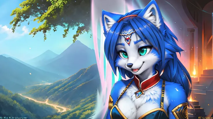 A beautiful and detailed (sweet picture) wa ((krystal)), Star Fox Krystal, sslim, lovable, green eyes, medium breasts, (((Long blue hair 1.3))), Decollete, grin, look up,, anthro, furry, Uploaded E621, detailed fluffy fur, (wa Fluff-Kevlar, Bayard Wu, pers...