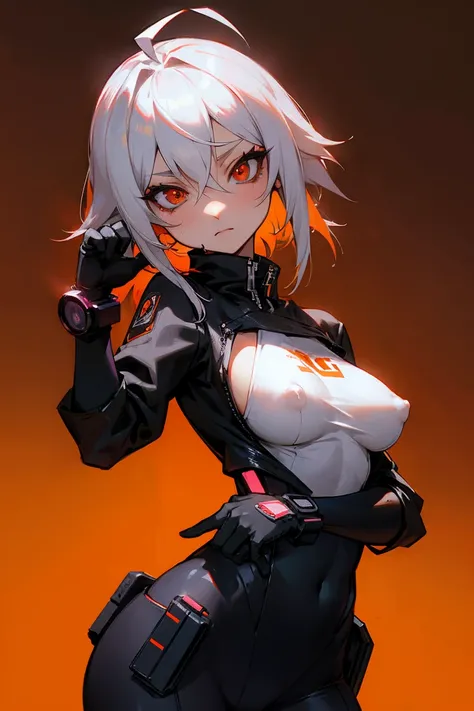 Cowboy Shot, Burushaski,woman,Erect nipples,White eyes,Colored sclera,Ahoge,Show your hand,Black clothes, Orange background, + Cyberpunk City
