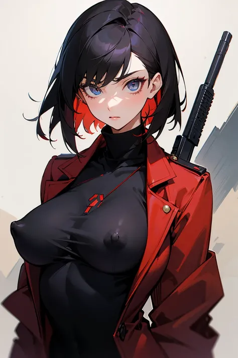 From chest to face, Painting of Fate, Tall Woman, 20th Generation, Solo Solo, parted in the middle, Black Hair, short hair, Long-term, Narrow eyes, Beautiful Eyes, Red jacket, Black sweater, gun, Big Breasts, Erect nipples,Upper body only