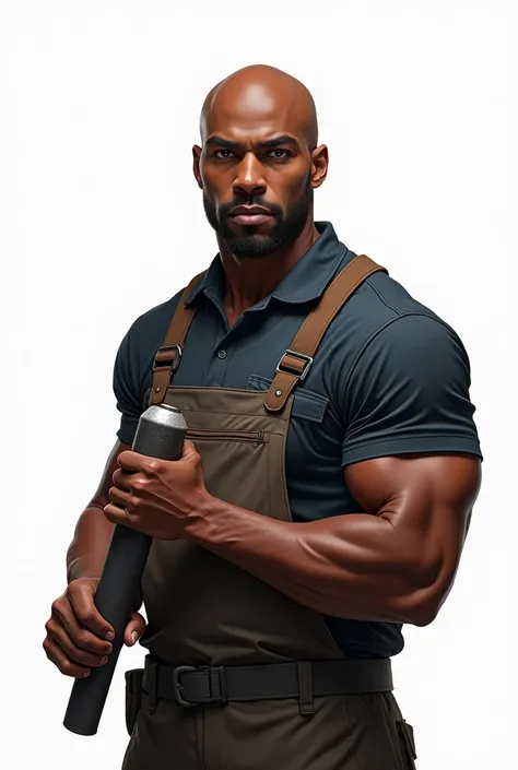 white background, a mechanic character with tool in hand, skin color black and bald without beard